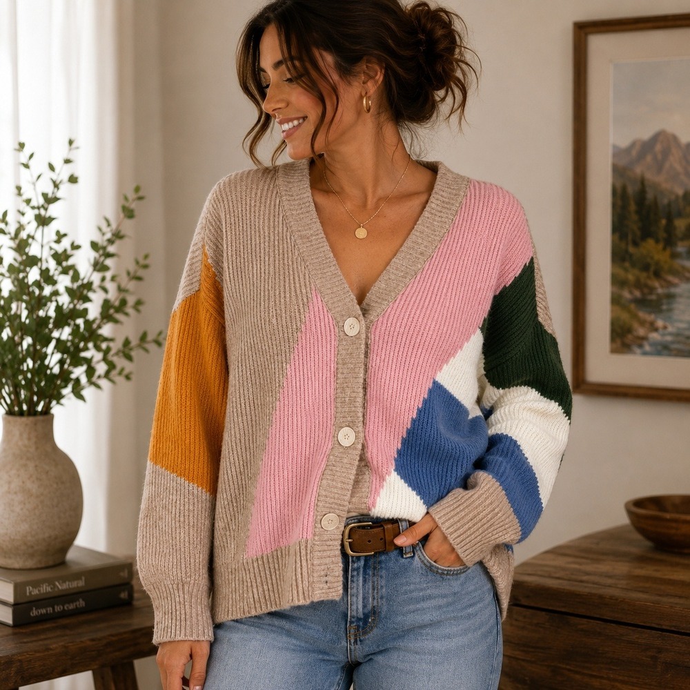 Vestique Womens Colorblock Ribbed Knit Cardigan Sweater Tan Pink Blue Size Large